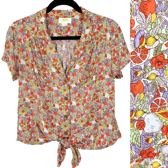 Anthropologie Tops - Anthropologie Maeve Button Down Shirt Sz 6 Citrus Floral Tie Front Bow Casual